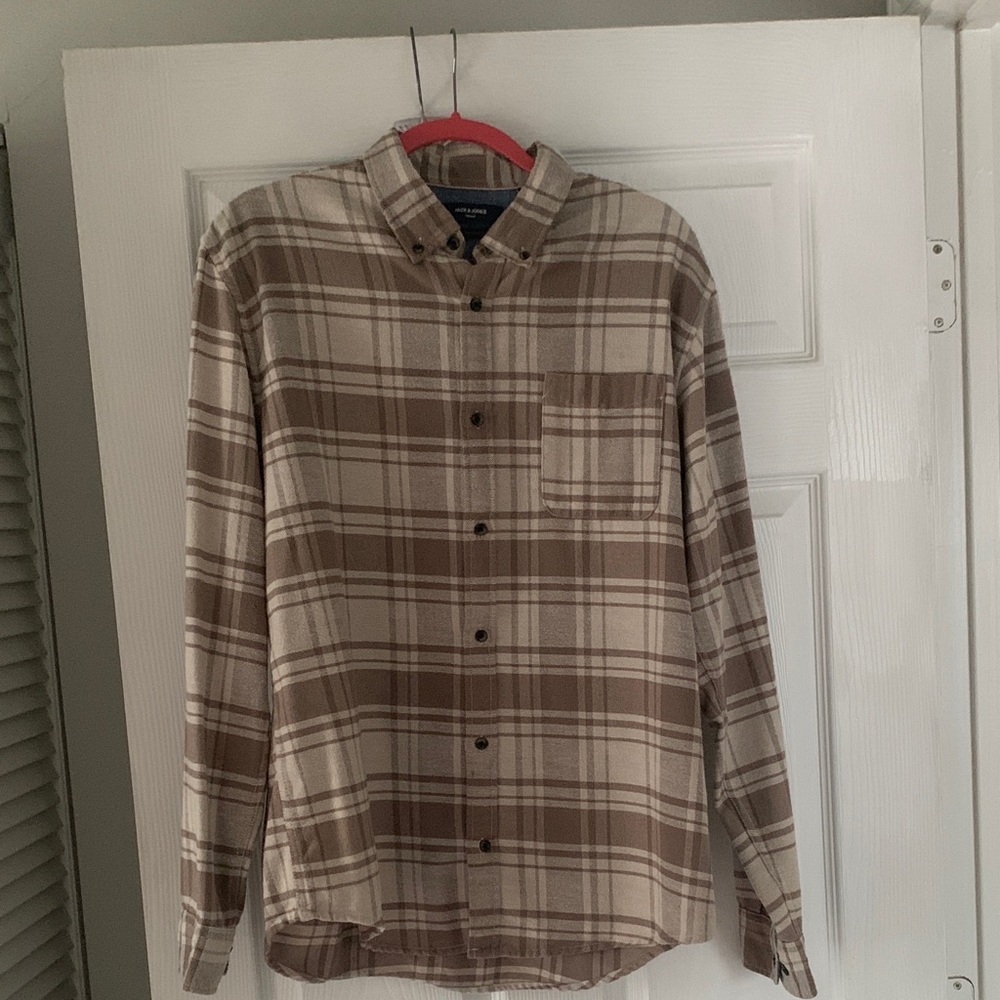 Jack & Jones Men's Beige Plaid Button-Down Shirt